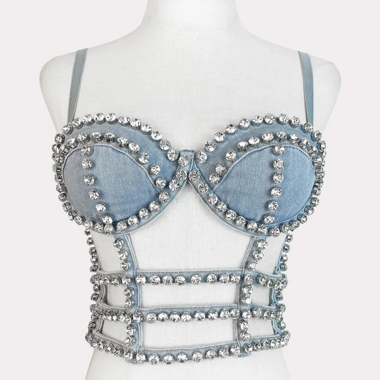 Studded Denim Bustier Crop Top Studded Punk Style Stage Costume Top