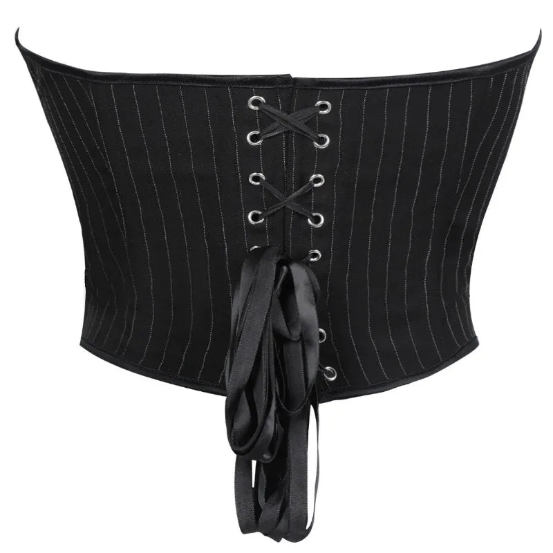 Black Striped Overbust Corset Top Zipper Front Lace-Up Bustier Body Shaper
