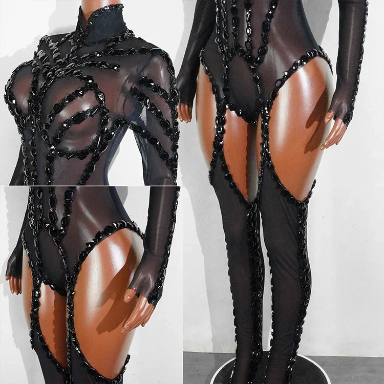 Rhinestone Mesh Festival Jumpsuit Set