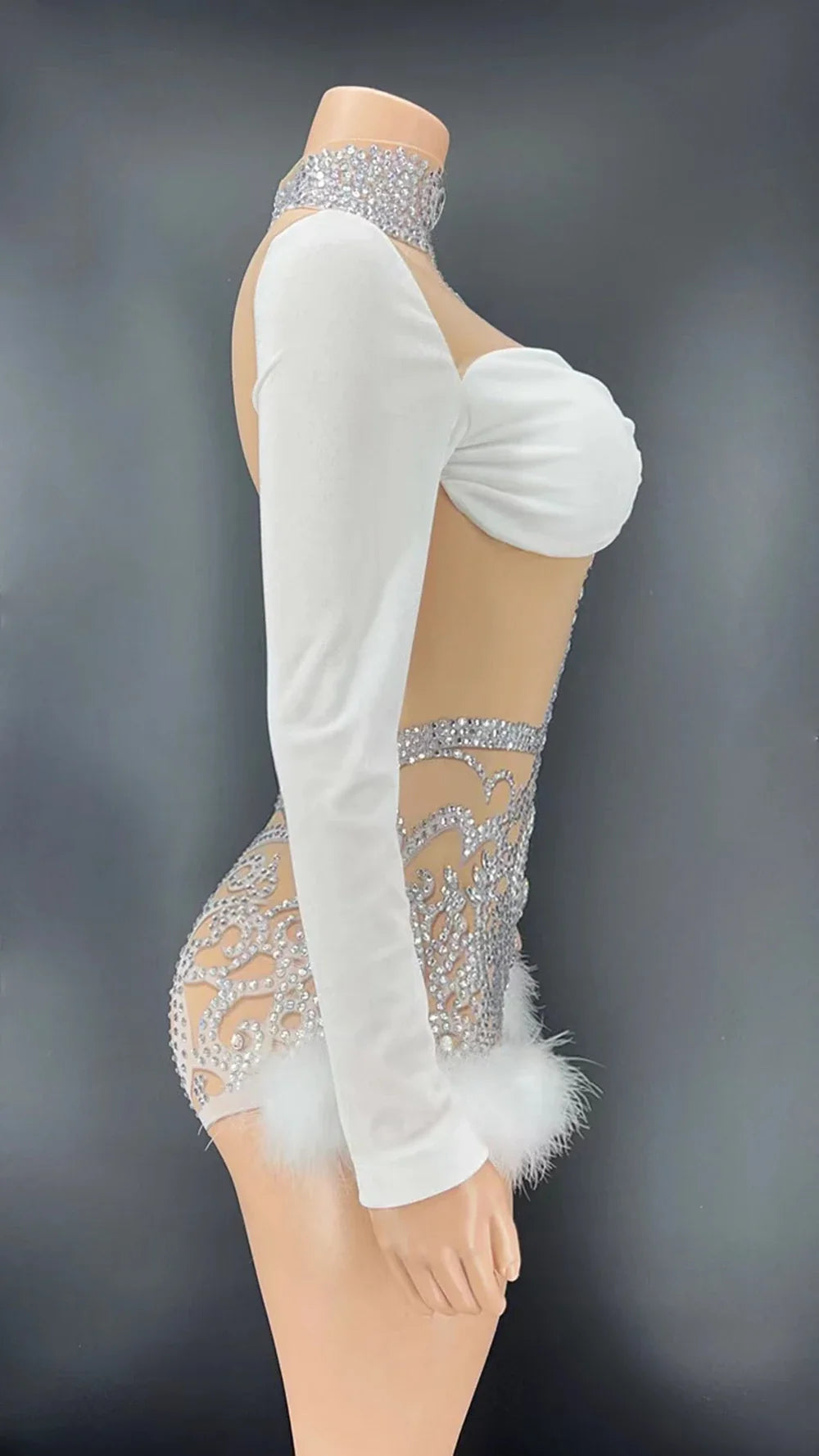 White Rhinestone Feather Bodysuit