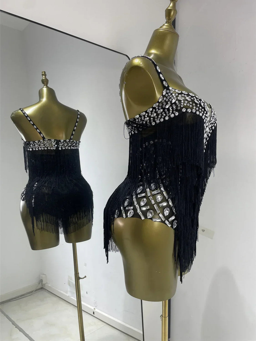 Black Rhinestone Fringe Mesh Leotard | Dancewear