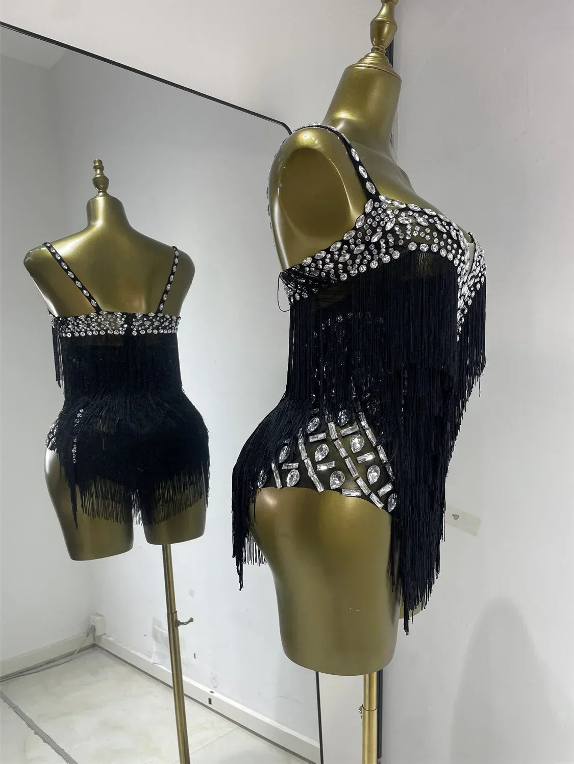 Black Rhinestone Fringe Mesh Leotard | Dancewear