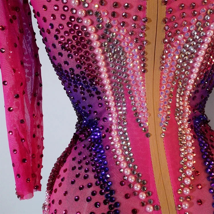 Pink Rhinestone Long-Sleeve Mesh Bodysuit | Stagewear