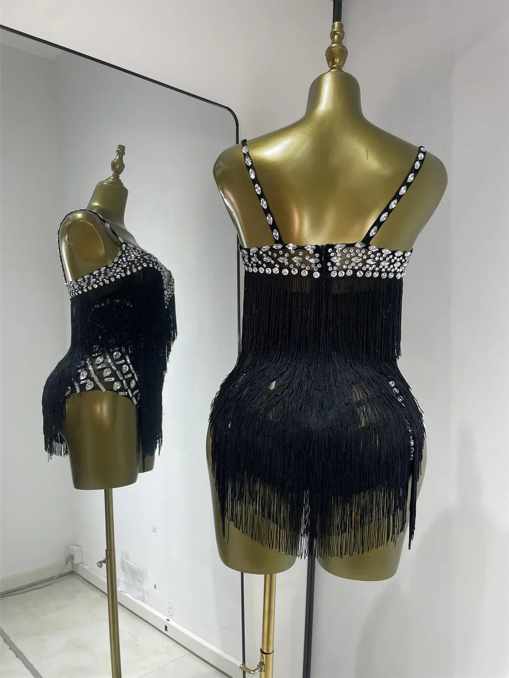 Black Rhinestone Fringe Mesh Leotard | Dancewear