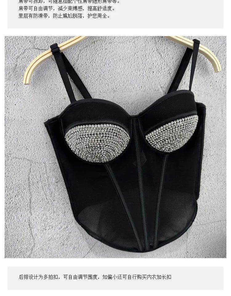 Rhinestone Mesh Denim Bustier Corset Crop Top Push-Up Party Bralette