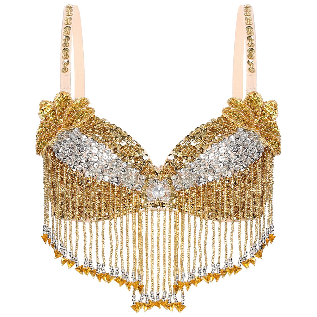 Sparkly Floral Beaded Sequin Belly Dance Bra & Tassel Performance Top