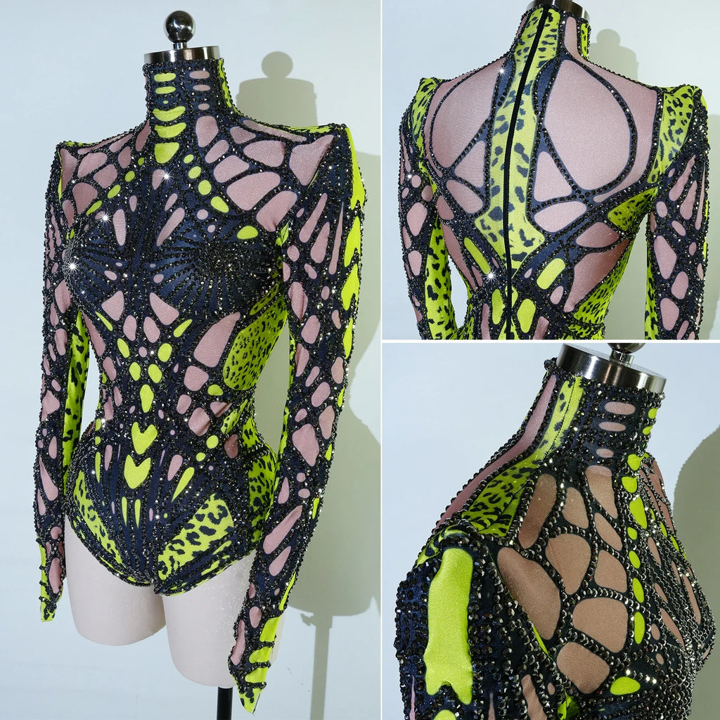Futuristic Cyber Rhinestone Festival Bodysuit