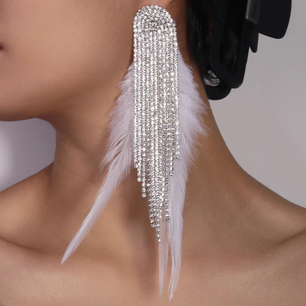 Crystal Tassel Feather Drop Earrings
