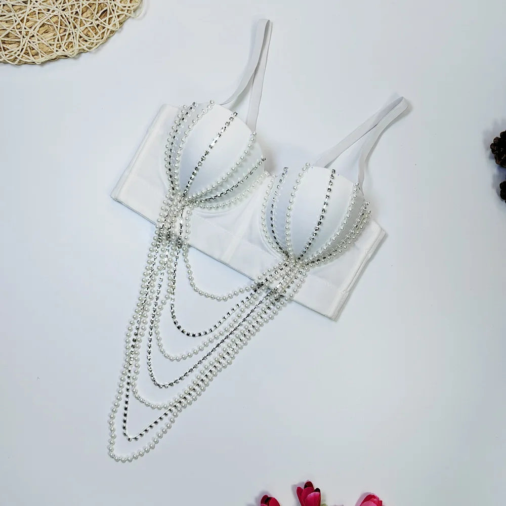 White Pearl & Diamond Chain Bustier Corset Crop Top Party Stage Bralette