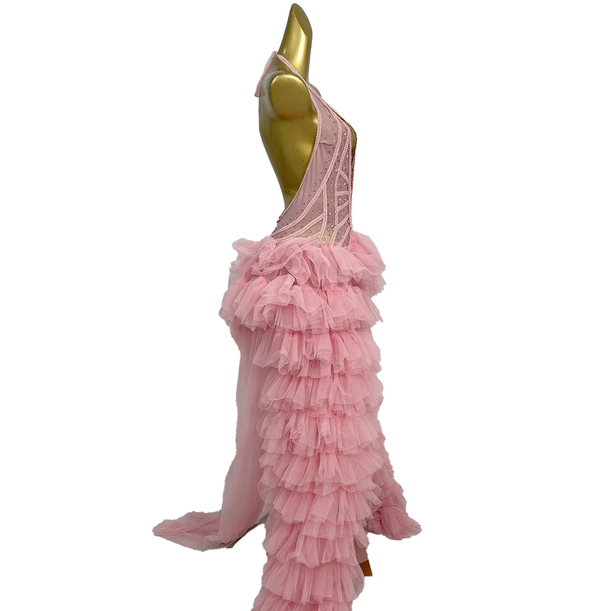 Pink Rhinestone Ruffle Statement Gown