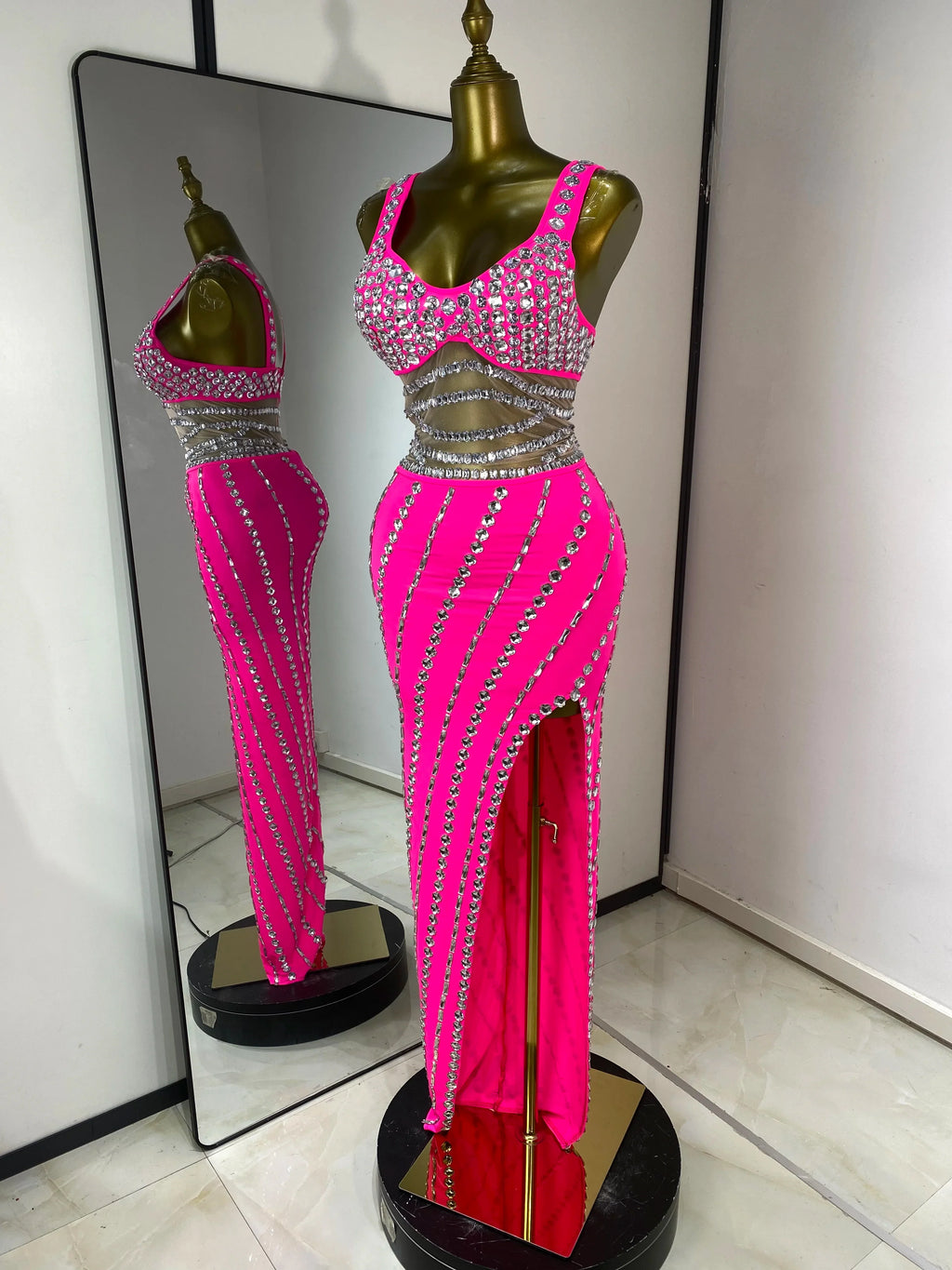 Hot Pink Rhinestone Cutout Maxi Gown