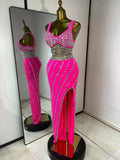 Hot Pink Rhinestone Cutout Maxi Gown
