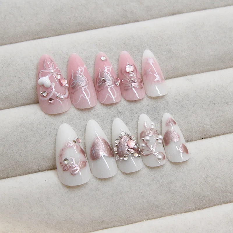 Pink Bow & Pearl Press-On Nails | Almond Style
