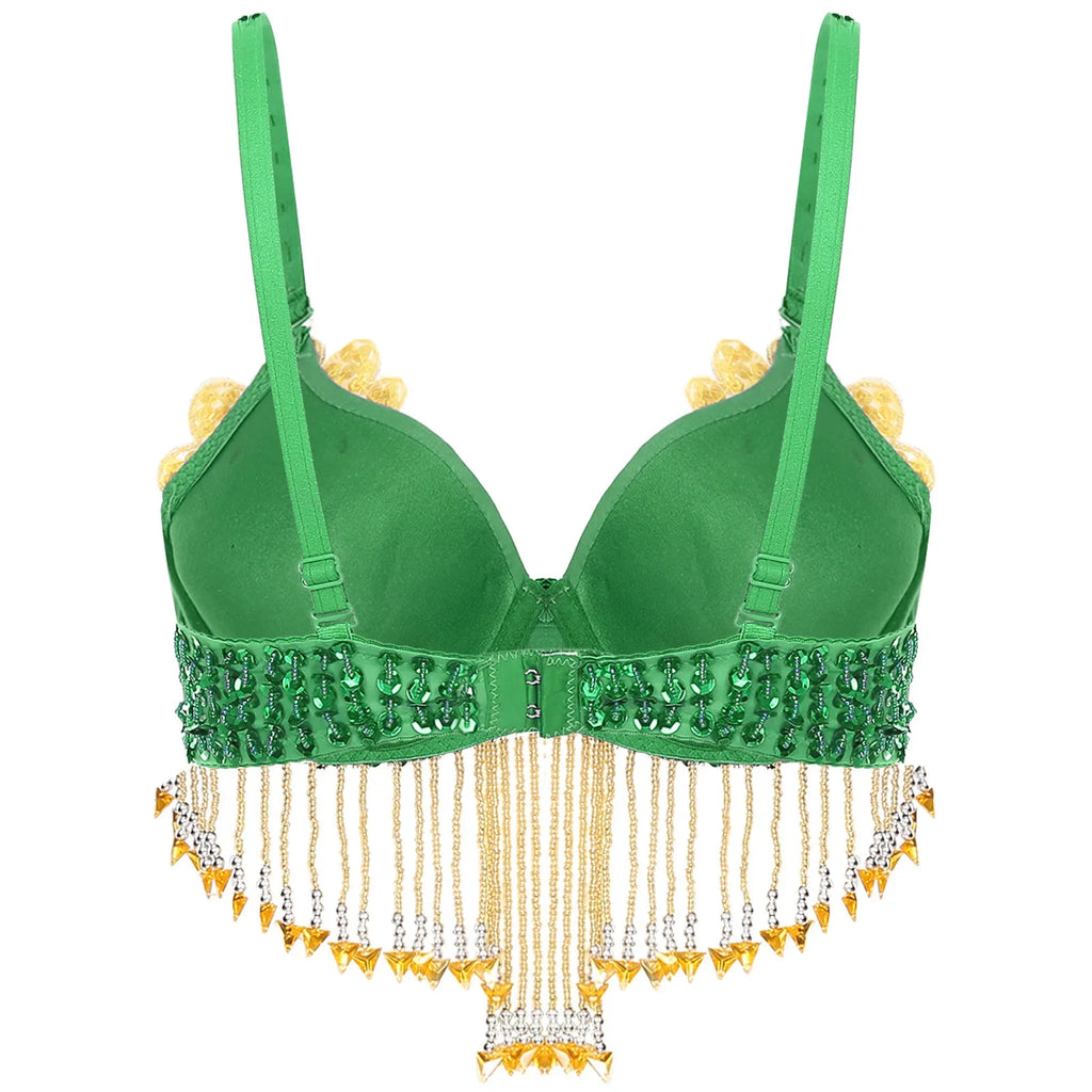Sparkly Floral Beaded Sequin Belly Dance Bra & Tassel Performance Top