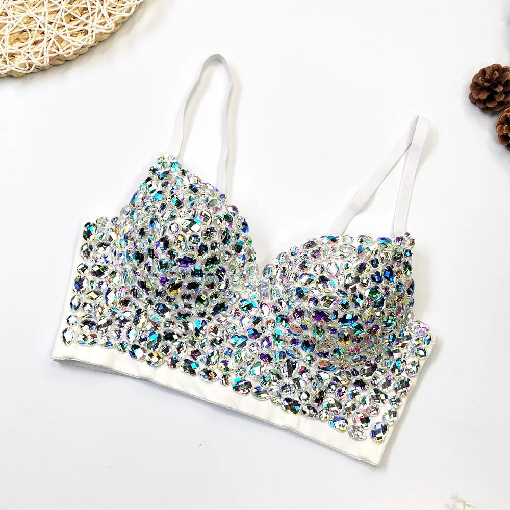 Rhinestone Glitter Bustier Corset Top Hook-and-Eye Nightclub Party Bralette