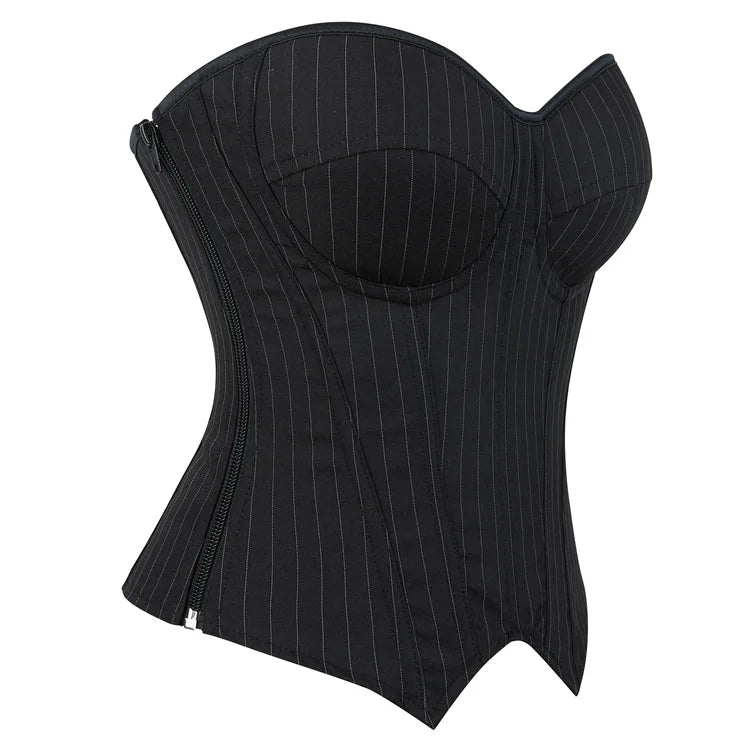 Black Striped Overbust Corset Top Zipper Front Lace-Up Bustier Body Shaper