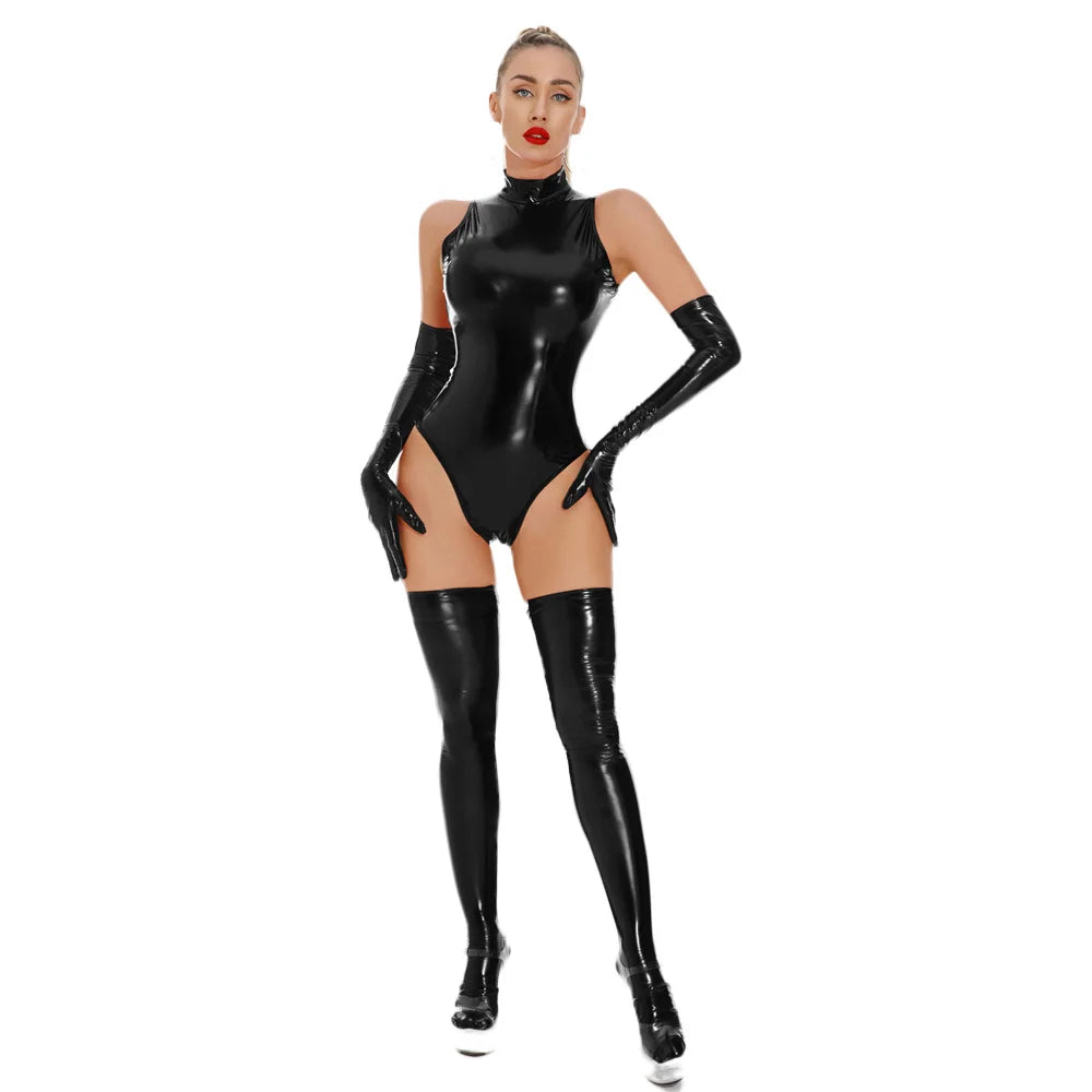 Glossy Faux-Leather Bodysuit, Gloves & Stockings Set