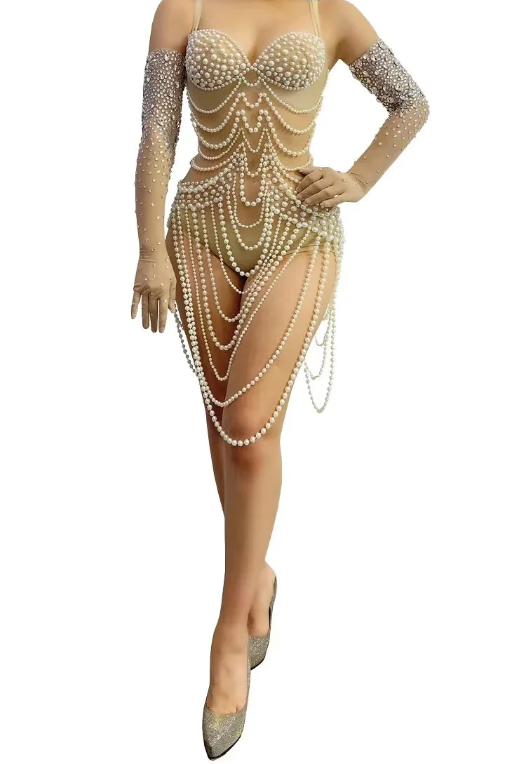Pearl Body Chain Mesh Catsuit | Long-Sleeve Stagewear