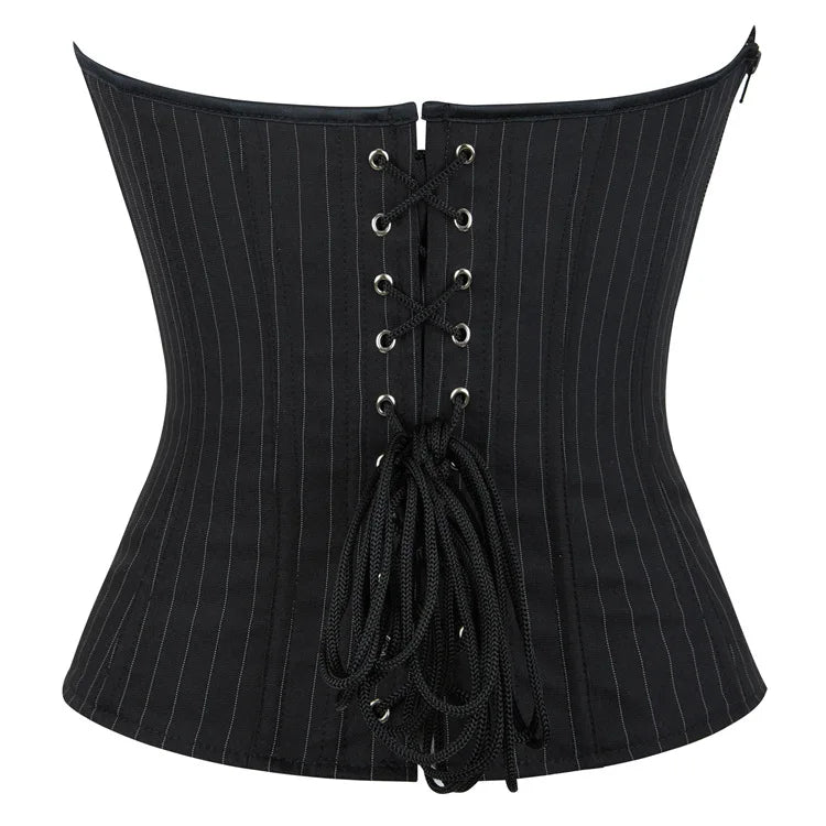 Black Striped Overbust Corset Top Zipper Front Lace-Up Bustier Body Shaper