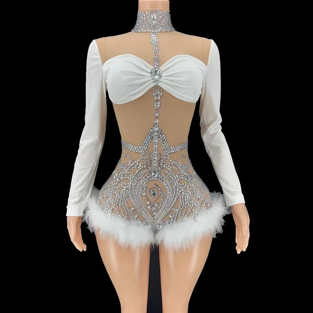 White Rhinestone Feather Bodysuit