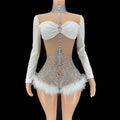 White Rhinestone Feather Bodysuit