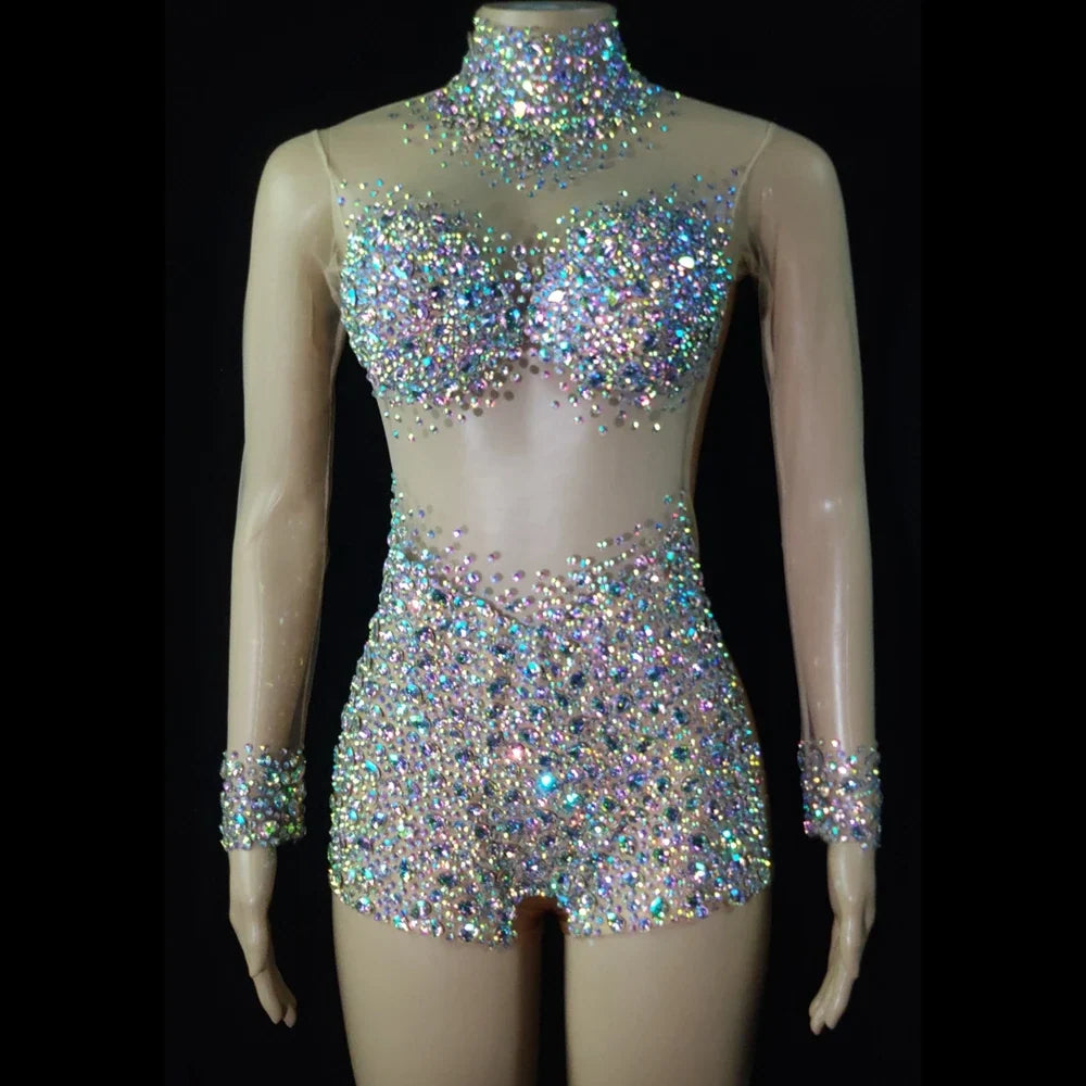 AB Crystal Rhinestone Illusion Dance Romper