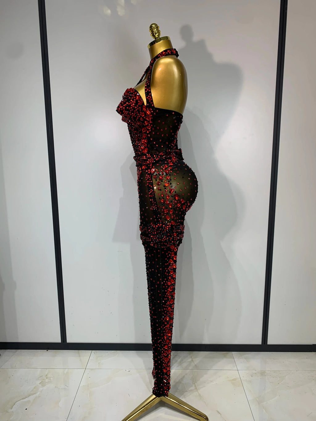 Crimson Diamond Rhinestone Catsuit Sheer Mesh Backless Jumpsuit Stage Costume