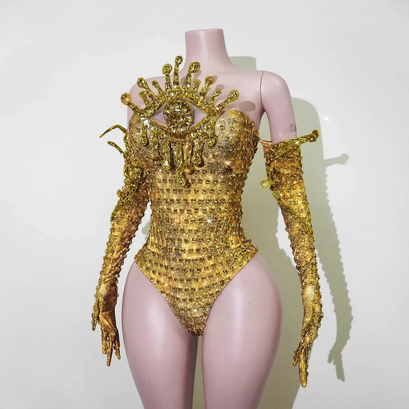 Gold Rhinestone Festival Bodysuit & Gloves Set
