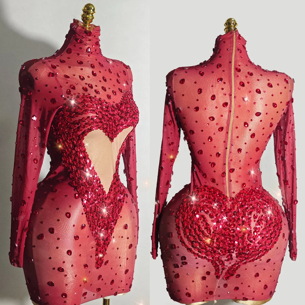 Crystal Rhinestone Mesh Long Sleeve Vintage Inspired Dress with Sequins and Skirt