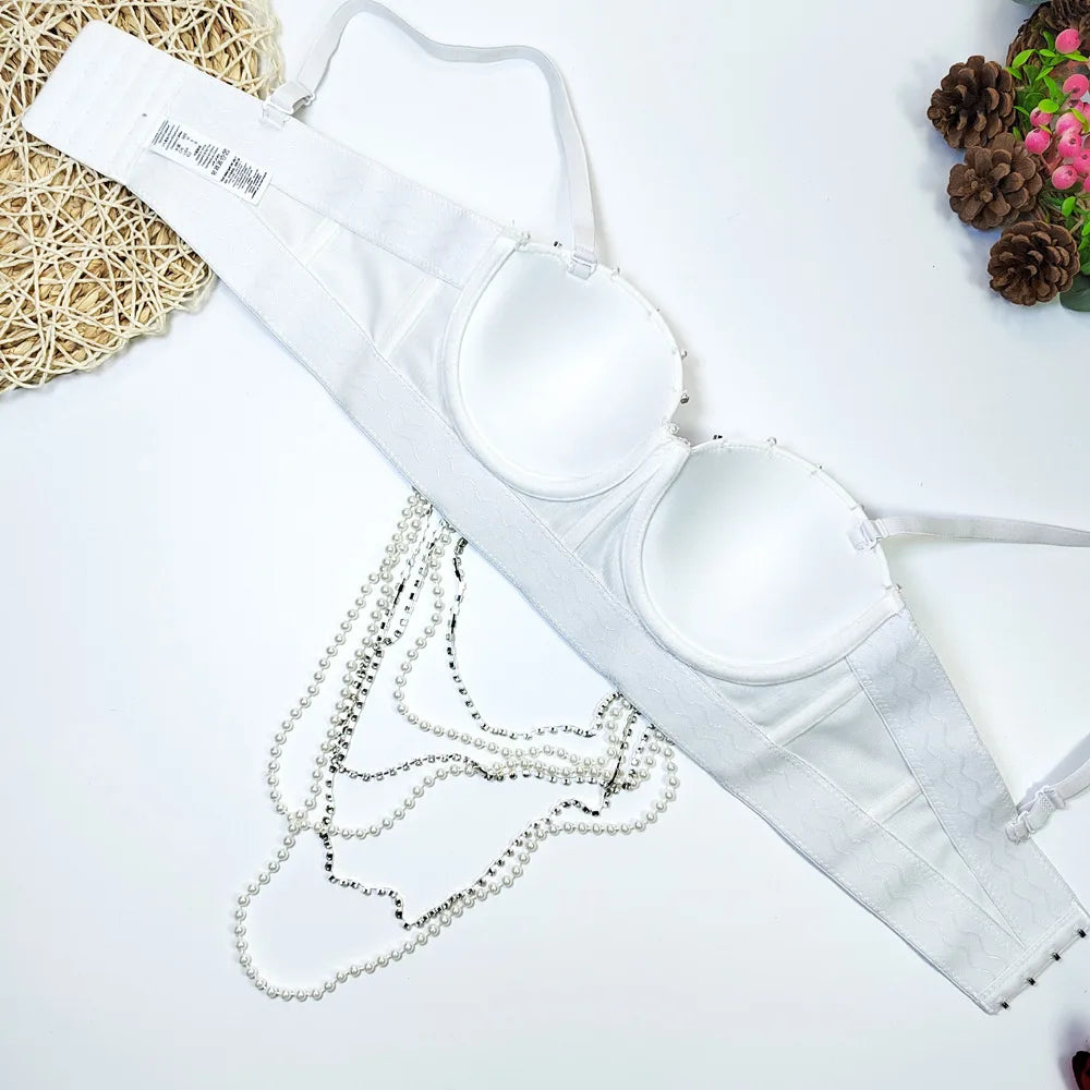 White Pearl & Diamond Chain Bustier Corset Crop Top Party Stage Bralette
