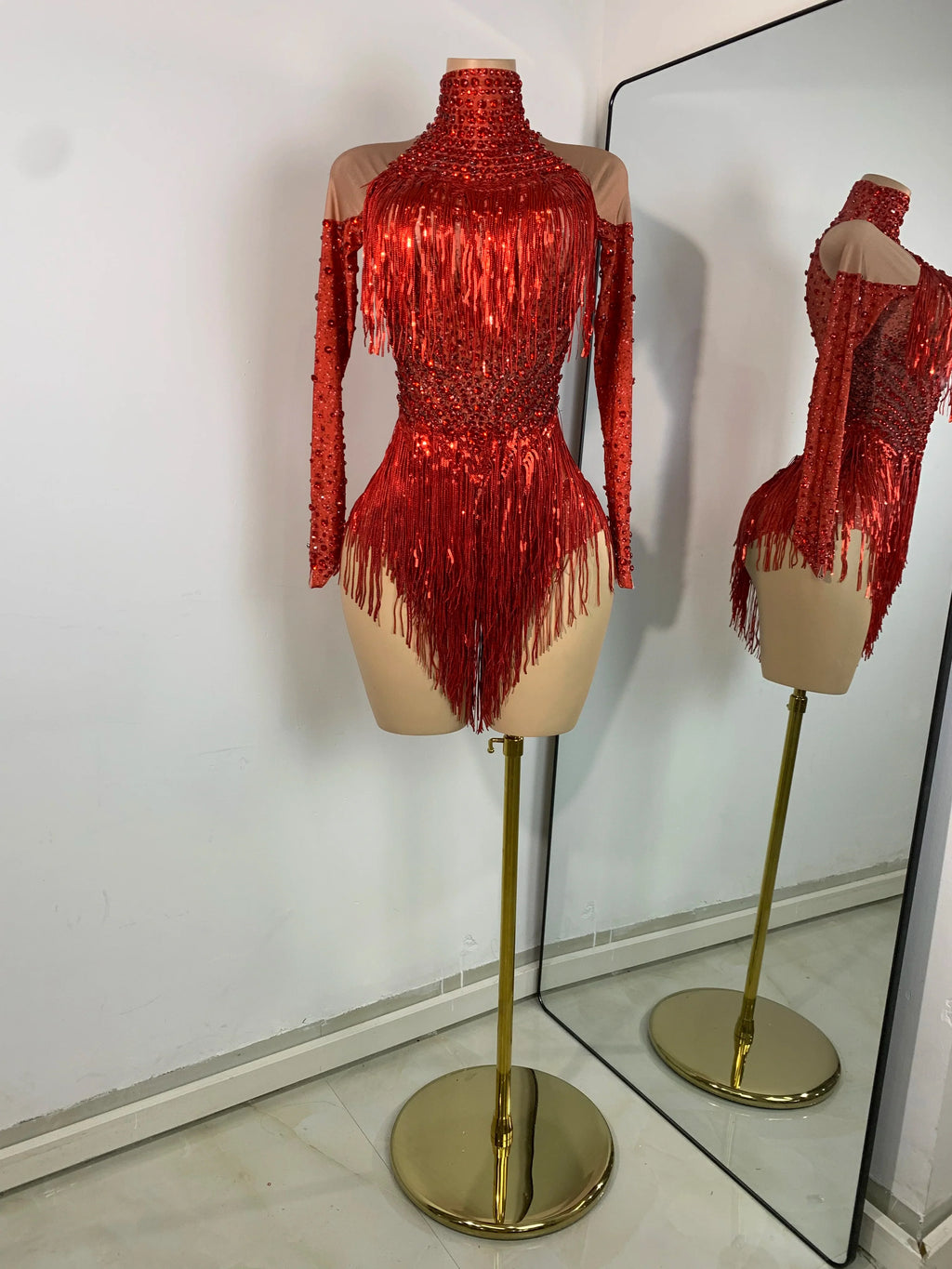 Red Rhinestone Fringe Bodysuit | Dance Performance Outfit