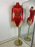 Red Rhinestone Fringe Bodysuit | Dance Performance Outfit