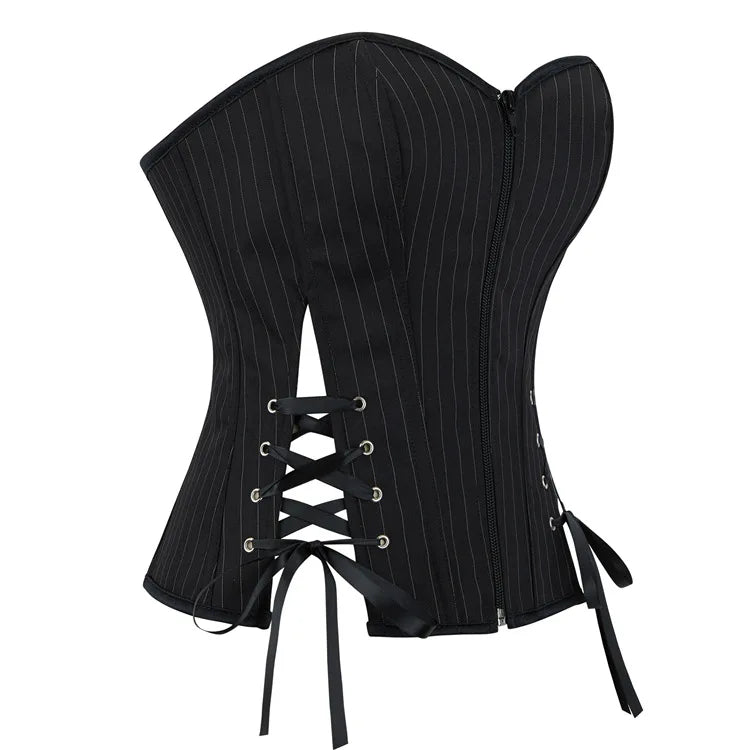 Black Striped Overbust Corset Top Zipper Front Lace-Up Bustier Body Shaper