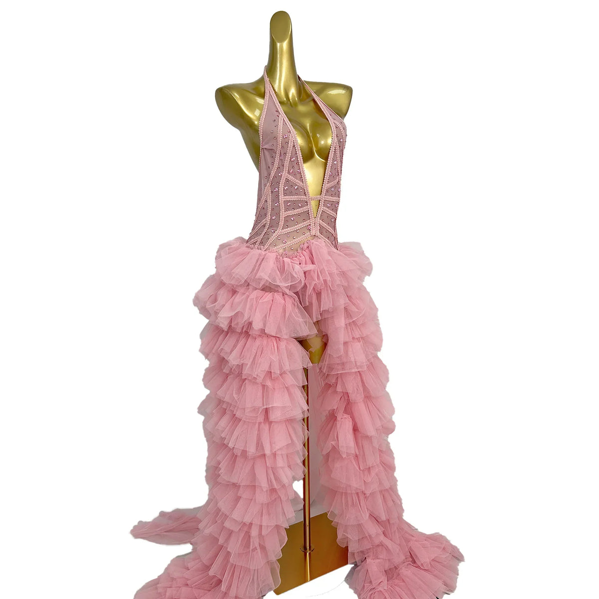 Pink Rhinestone Ruffle Statement Gown