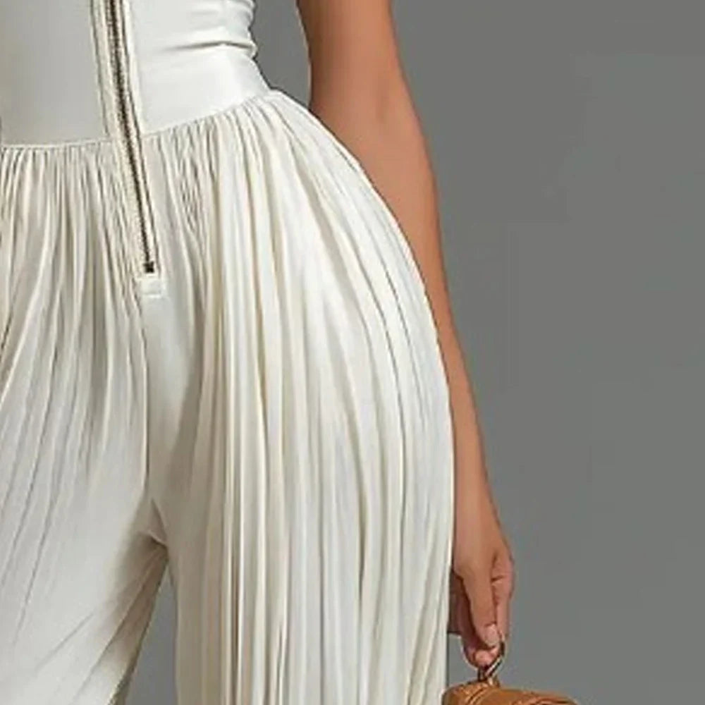Women's White Pleated Halter Sleeveless Jumpsuit Front Zip High Waist Wide Leg Floor Length Elegant Party Long Romper For Ladies