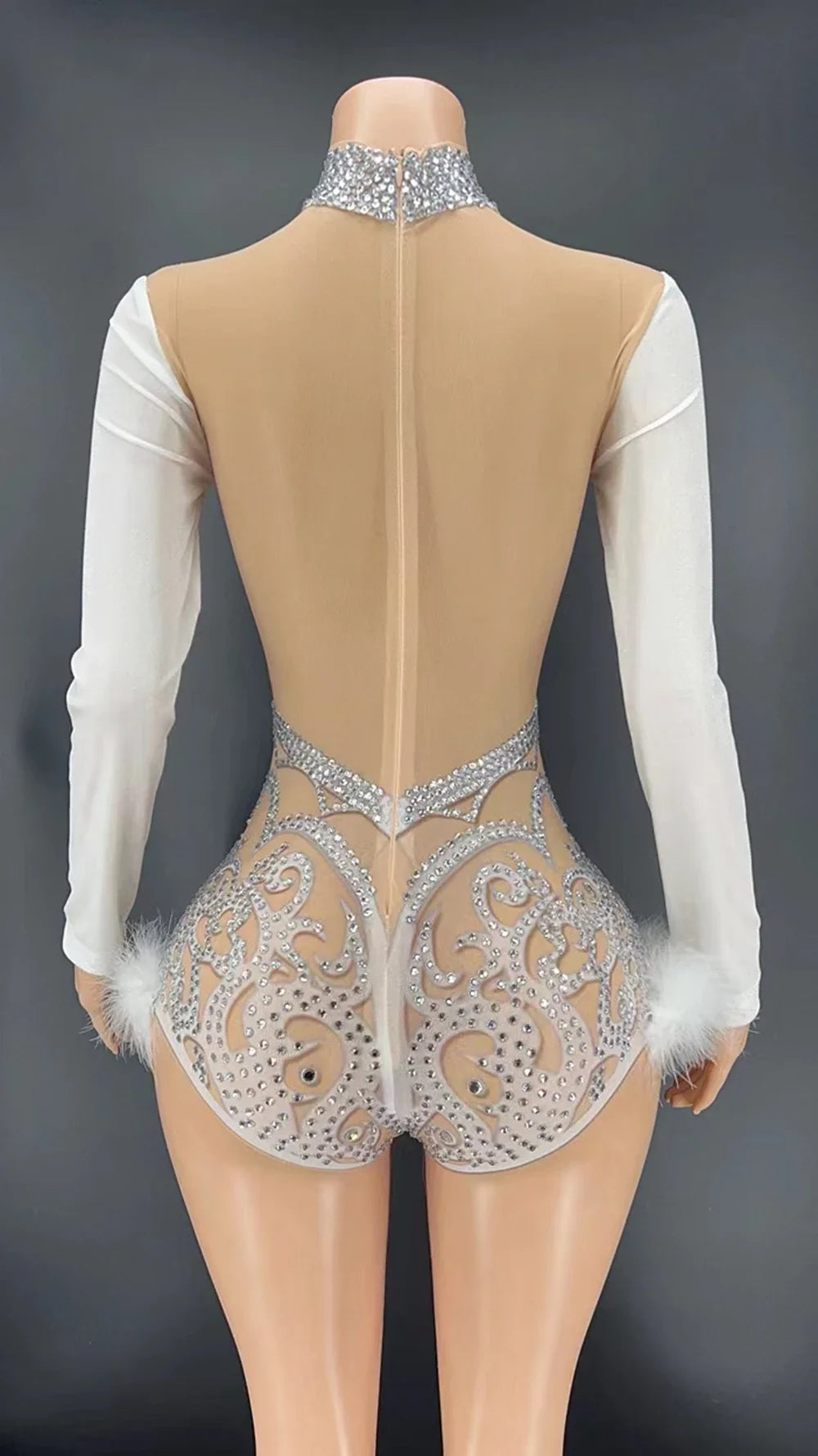 White Rhinestone Feather Bodysuit