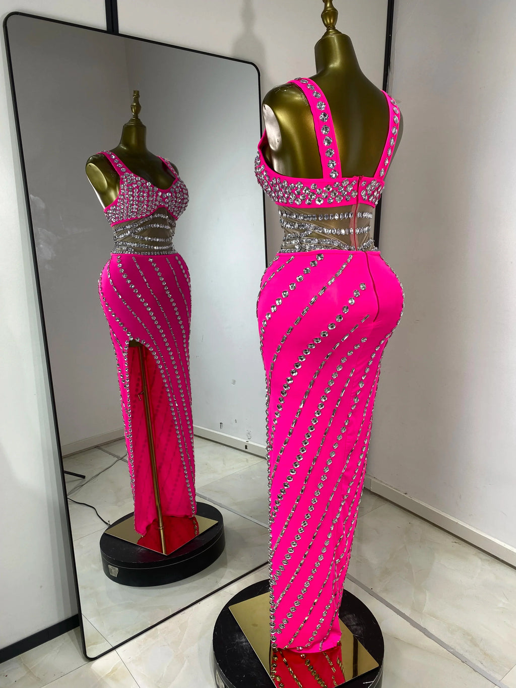 Hot Pink Rhinestone Cutout Maxi Gown