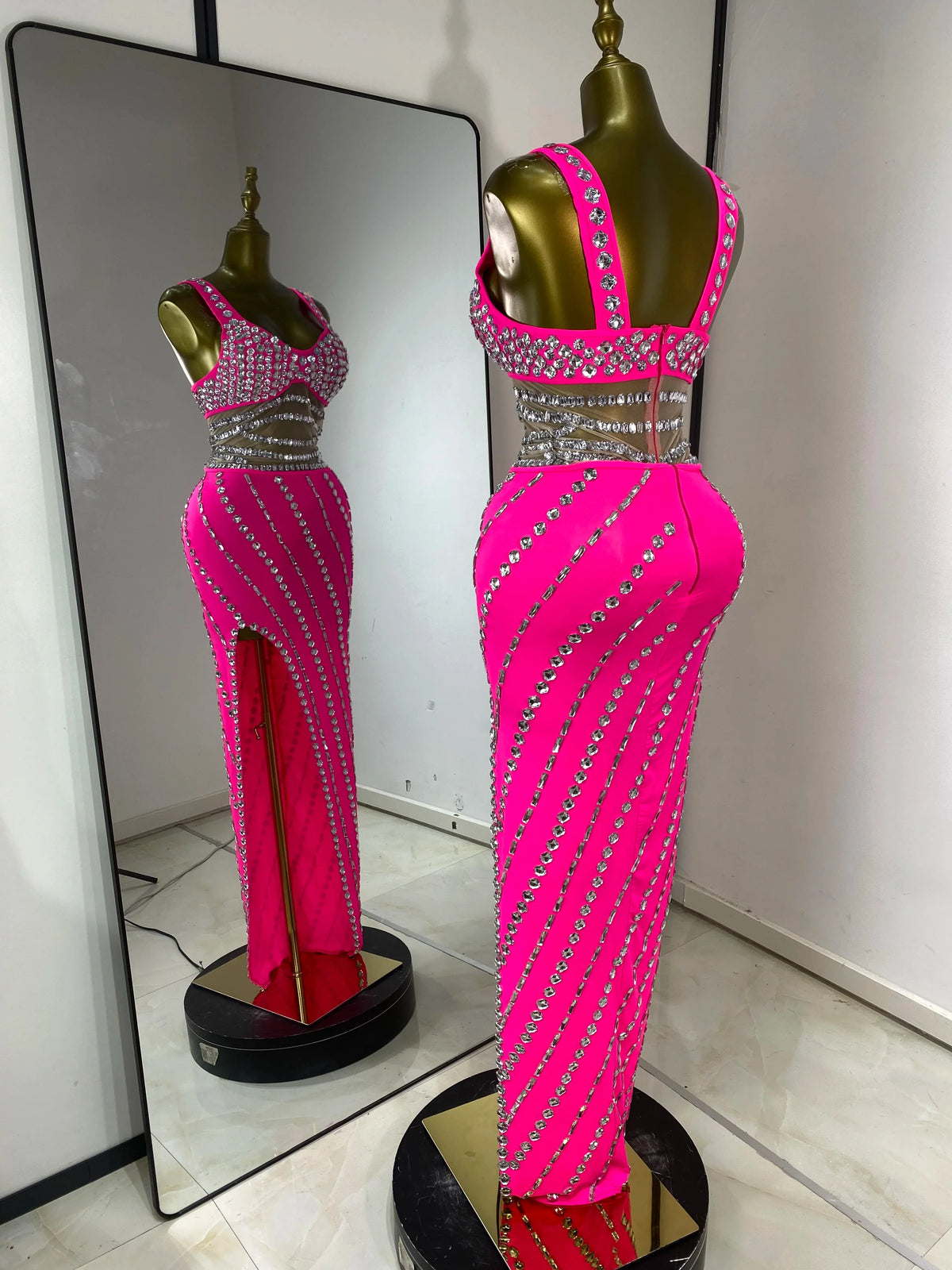 Hot Pink Rhinestone Cutout Maxi Gown