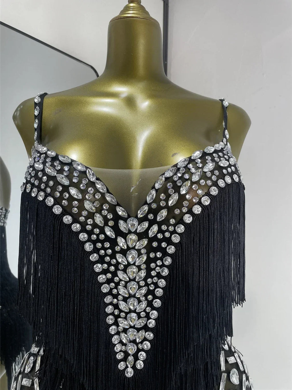 Black Rhinestone Fringe Mesh Leotard | Dancewear