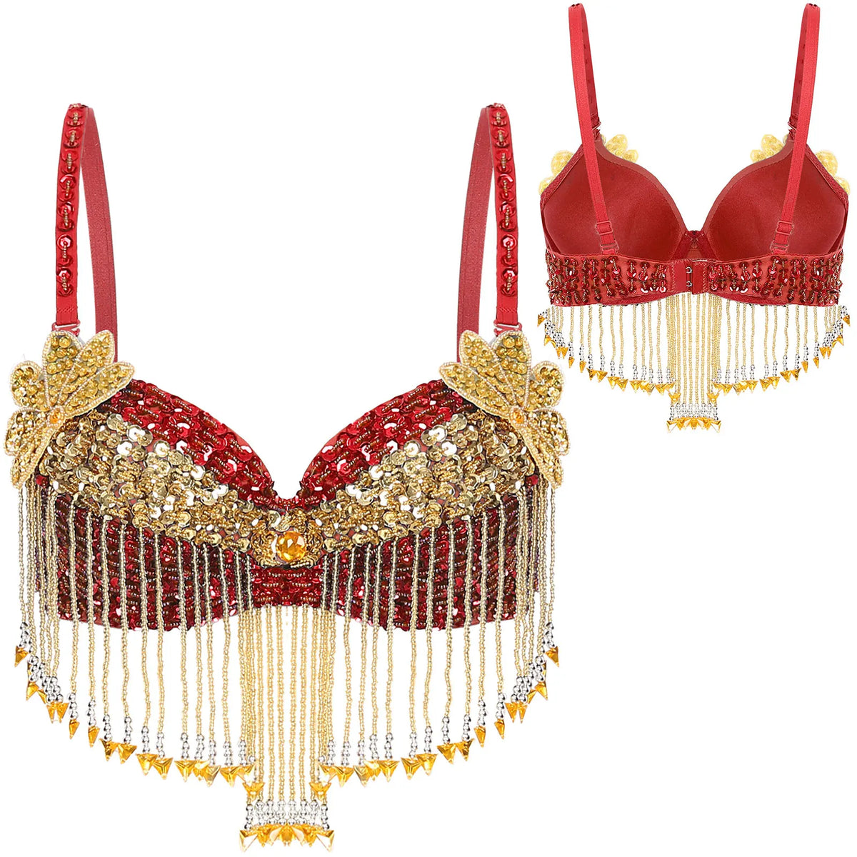 Sparkly Floral Beaded Sequin Belly Dance Bra & Tassel Performance Top