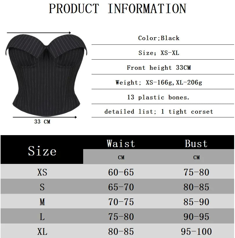 Black Striped Overbust Corset Top Zipper Front Lace-Up Bustier Body Shaper