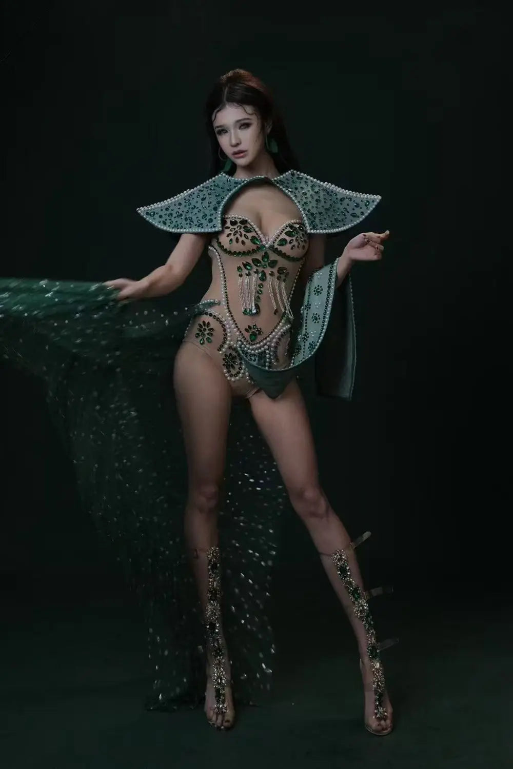 Emerald Rhinestone Bodysuit & Peacock Cloak Set