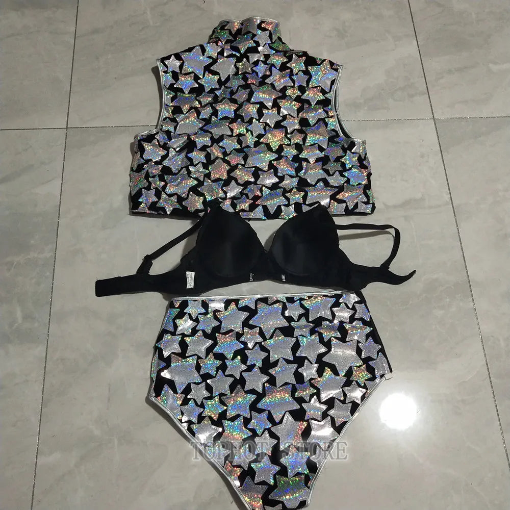 Silver Laser Star Sequin Three-Piece Festival Set