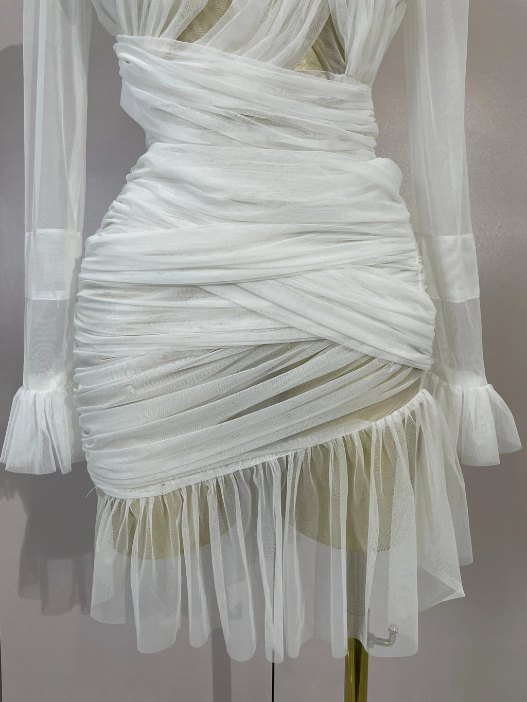 White Sheer Ruffle Mini Dress