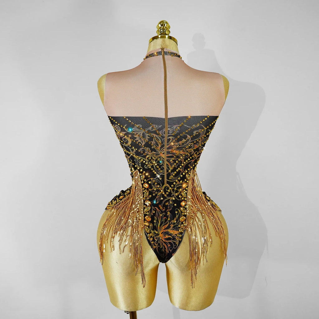 Gold Rhinestone Fringe Bodysuit | Latin Dance Costume