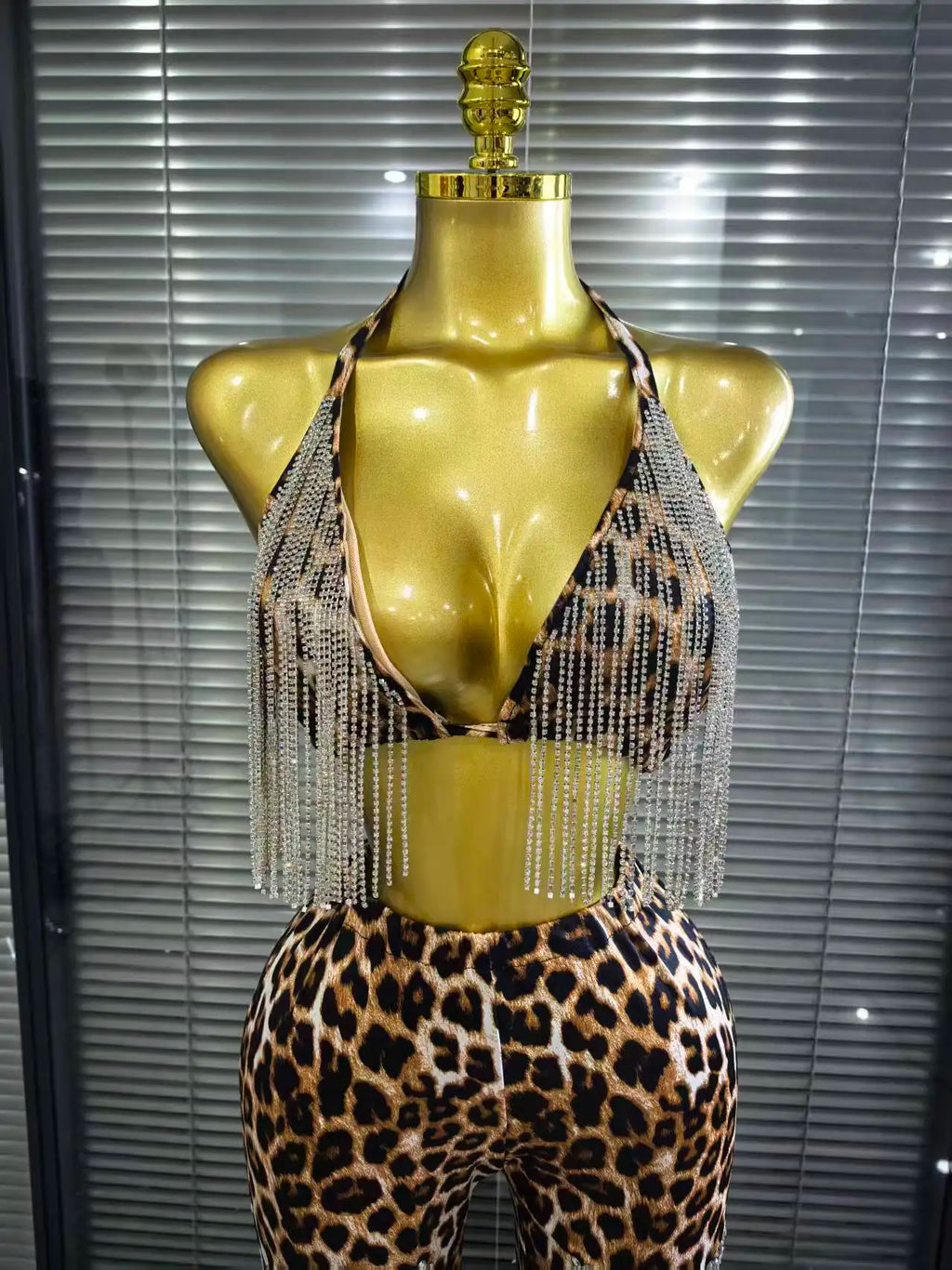 Leopard Print Rhinestone Two-Piece Bodycon Set