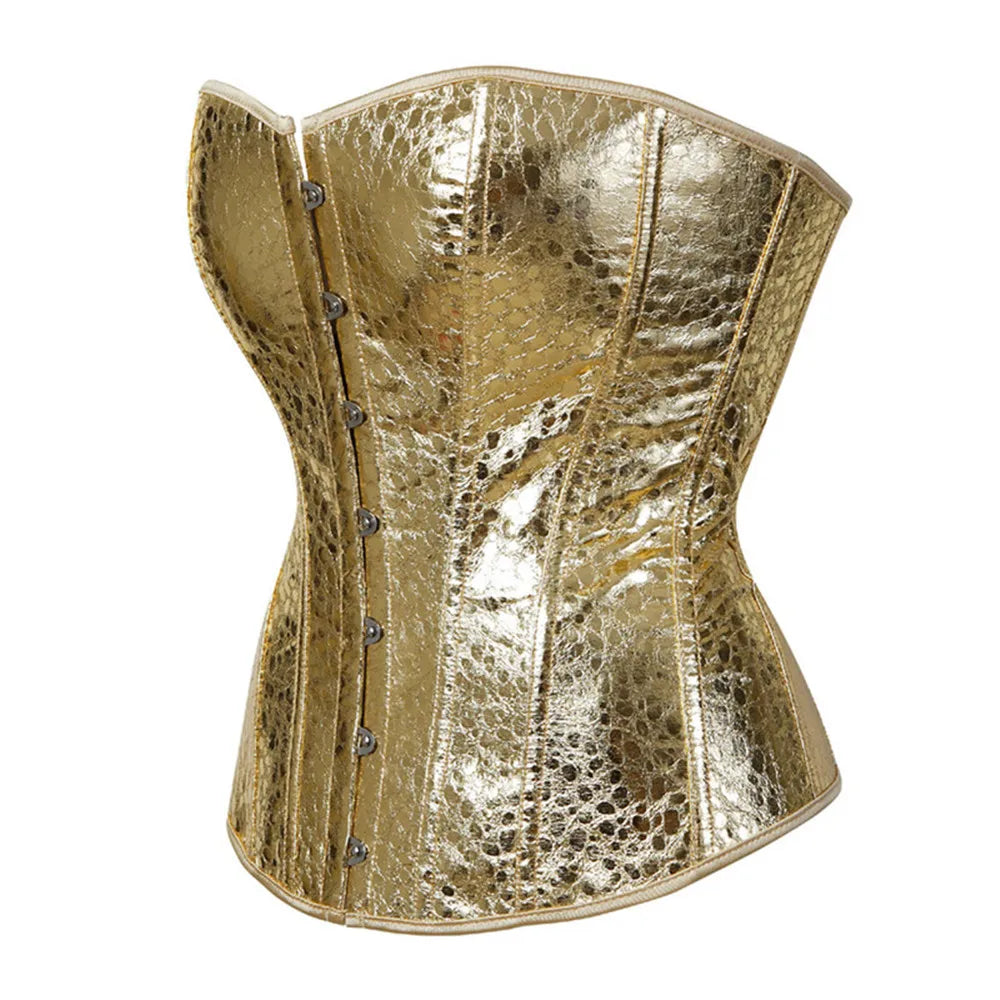 Gothic Metallic Faux Leather Overbust Corset Shiny Steel-Look Bustier