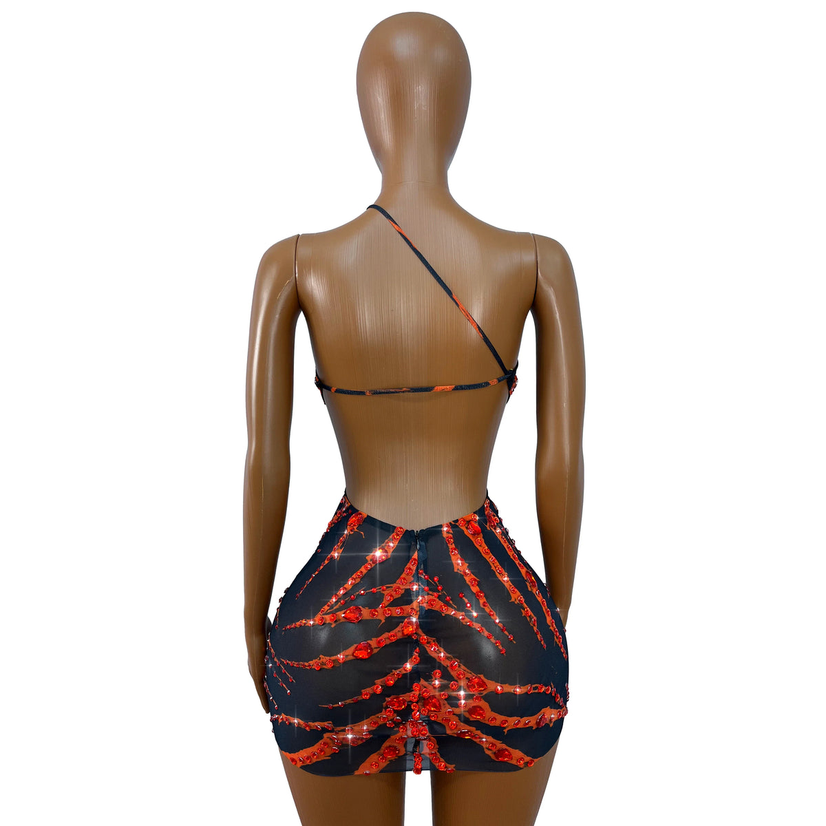 Crimson Rhinestone Mesh Mini Dress
