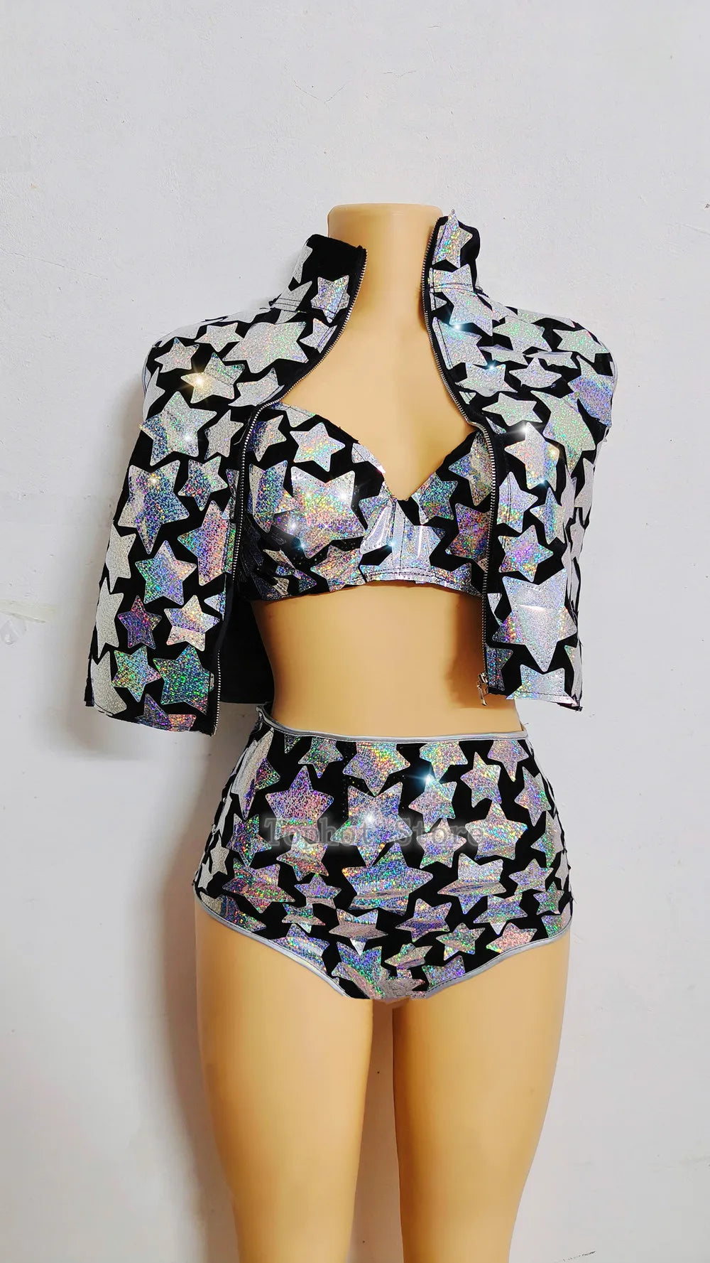 Silver Laser Star Sequin Three-Piece Festival Set