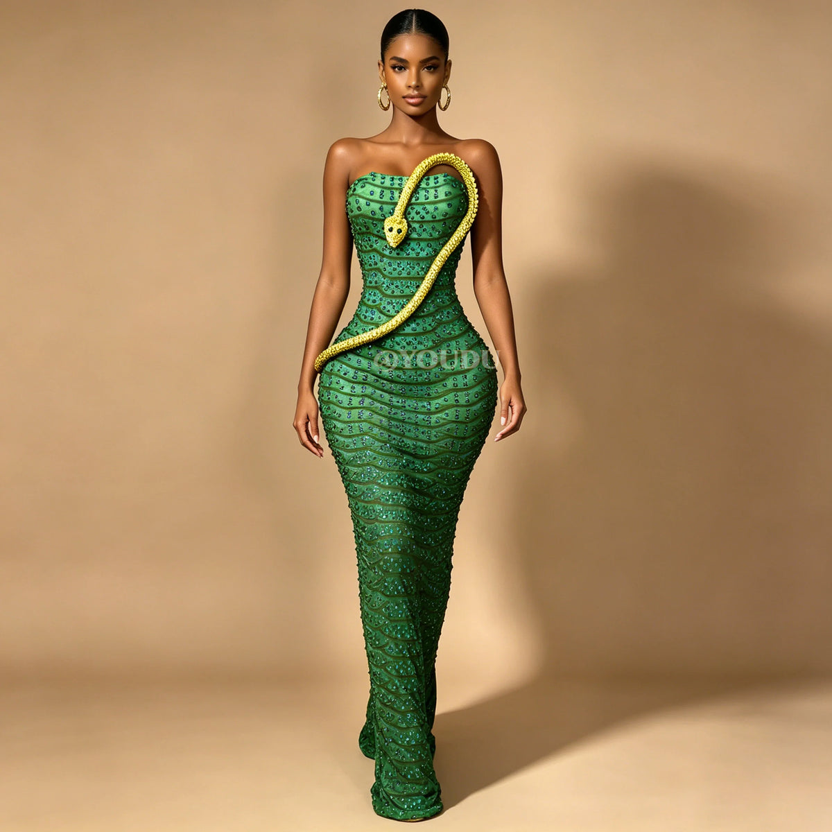 Emerald Snake Rhinestone Gown